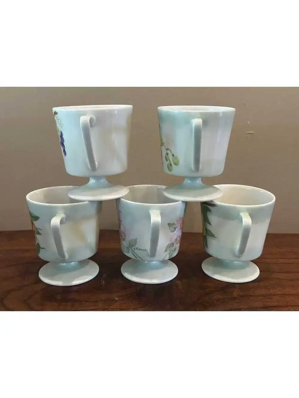 Vintage Footed Mugs Hand Painted Fruit Ceramic Coffee Cups by G. Tubach Set of 5